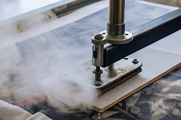 A heat press machine transferring a detailed floral design onto fabric with steam rising during the process.