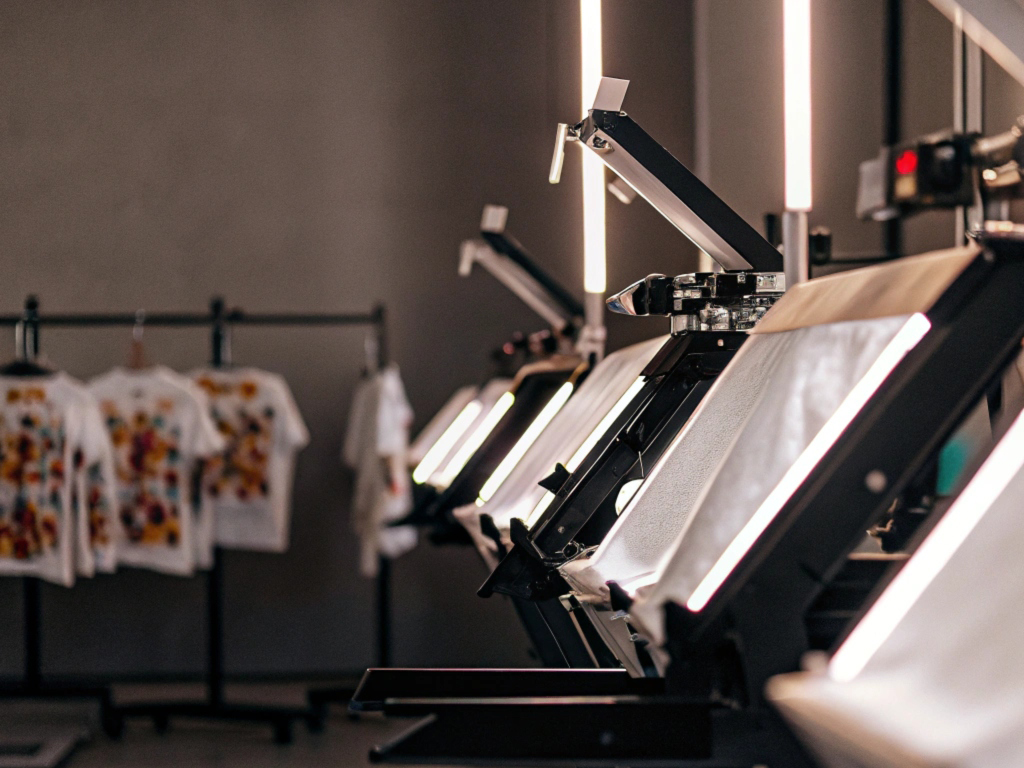 Row of heat press machines in operation with printed T-shirts hanging in the background.