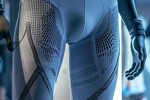 Close-up of a mannequin wearing futuristic, performance-engineered sports leggings with intricate designs.