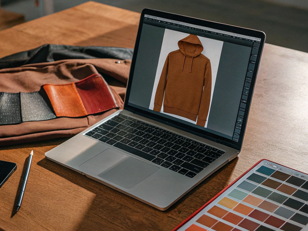 A laptop displaying a brown hoodie design alongside fabric swatches and a color palette, showcasing the creative apparel design workflow.