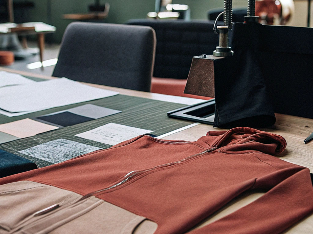 A rust-colored hoodie with beige pockets on a table, surrounded by fabric swatches, design notes, and a heat press machine in a workspace.