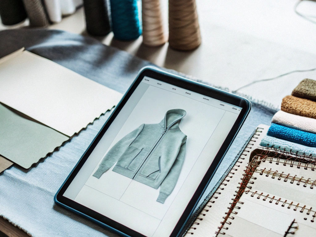 Tablet displaying a hoodie design, surrounded by fabric swatches, thread spools, and notebooks with textile samples.