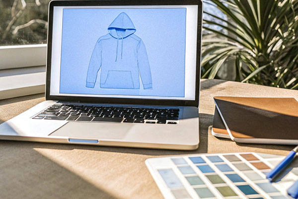 A laptop displaying a hoodie sketch with a color palette and notebooks nearby, representing fashion design planning.