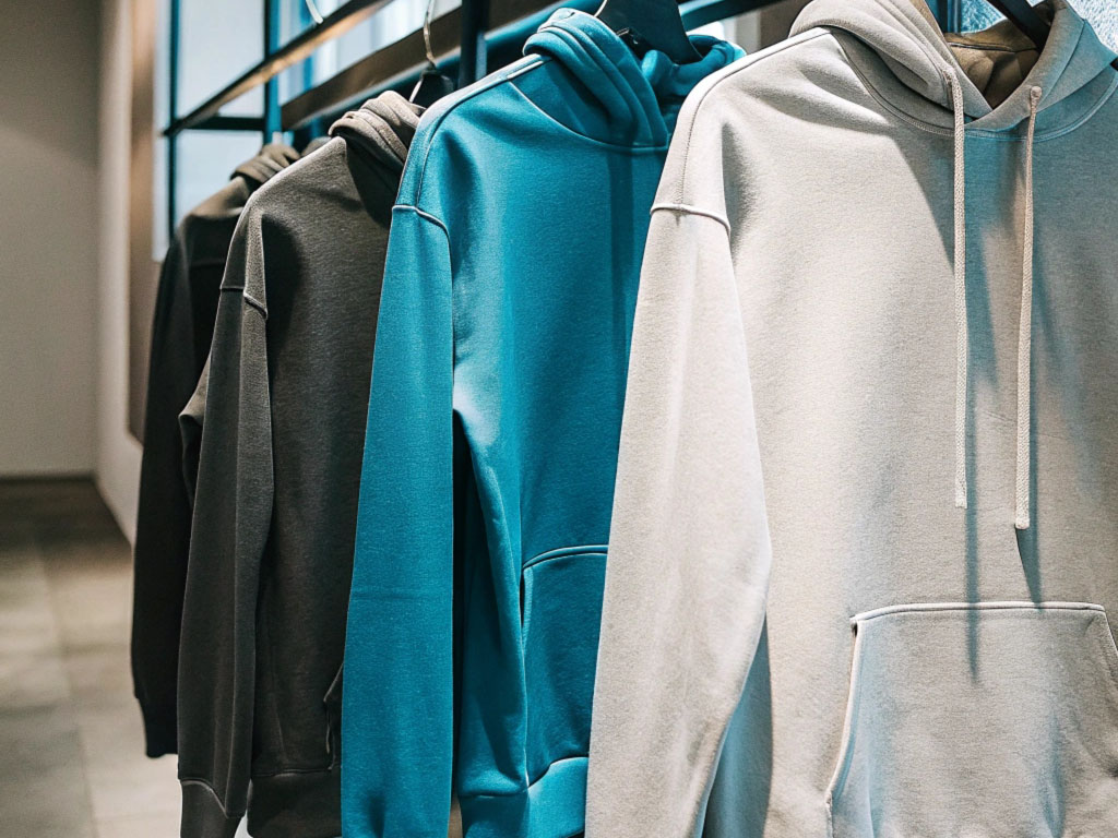 A row of hoodies in neutral and blue tones hanging on a clothing rack in a modern retail store.