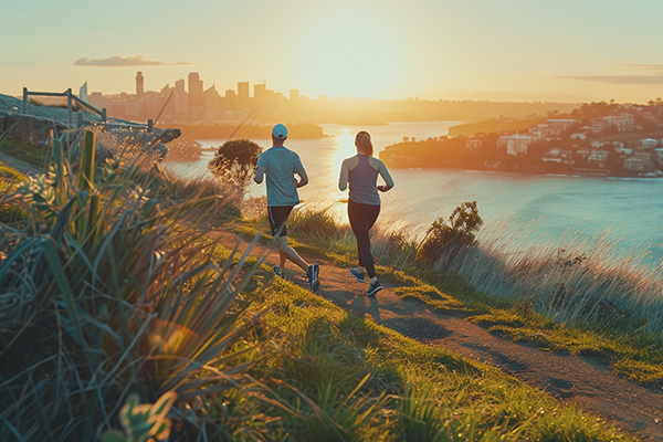 Two people jogging on a scenic trail overlooking a city skyline and water at sunrise.