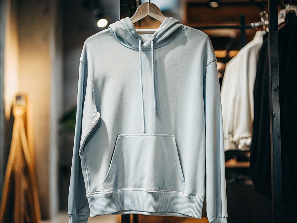 Simple light blue hoodie with front pocket and drawstrings, hanging on a wooden hanger in a modern store setting.