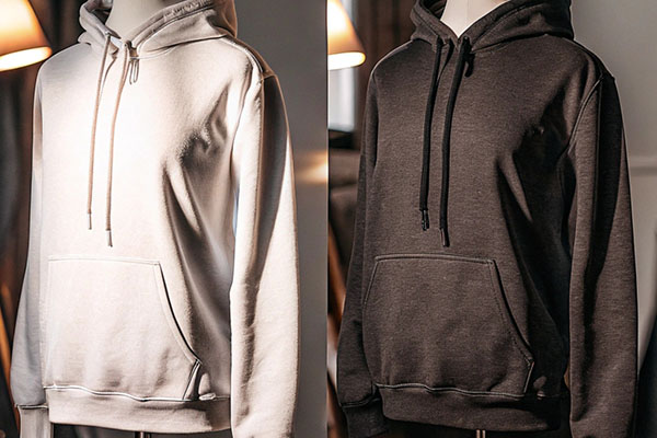 Side-by-side comparison of a white hoodie and a dark gray hoodie on mannequins, displayed under soft indoor lighting.