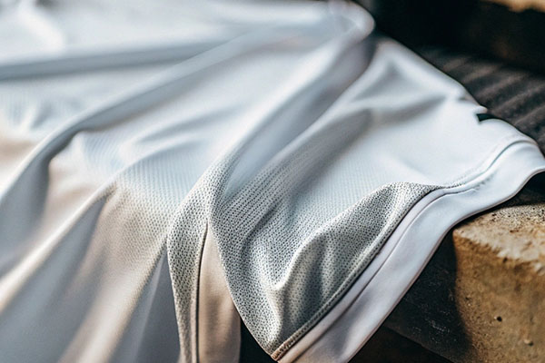Close-up of white lightweight athletic fabric with breathable mesh panels, draped over a textured surface.