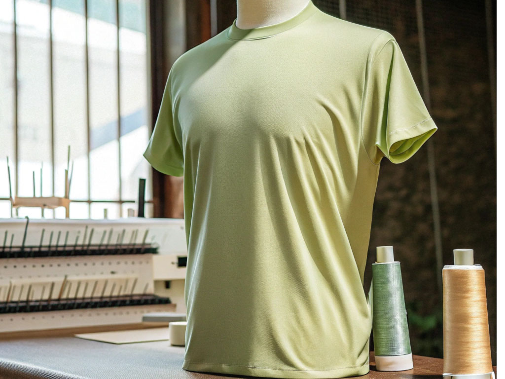 A green T-shirt displayed on a mannequin with spools of thread and an industrial knitting machine in the background.