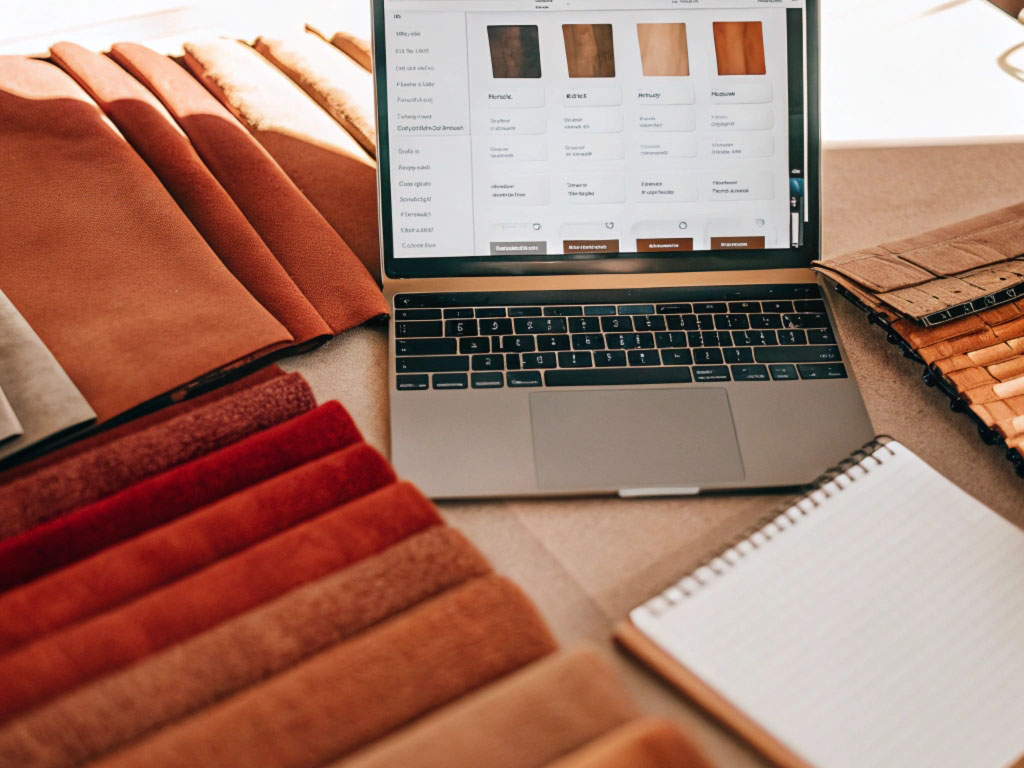 Laptop displaying material options surrounded by swatches of leather and fabric in warm tones, with a notebook nearby.