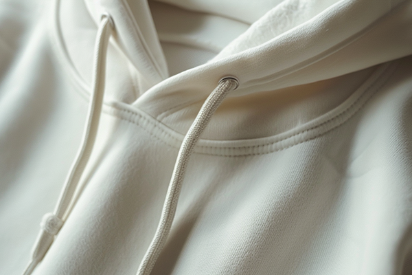 Close-up of a cream-colored hoodie showcasing the drawstring and soft fabric texture.
