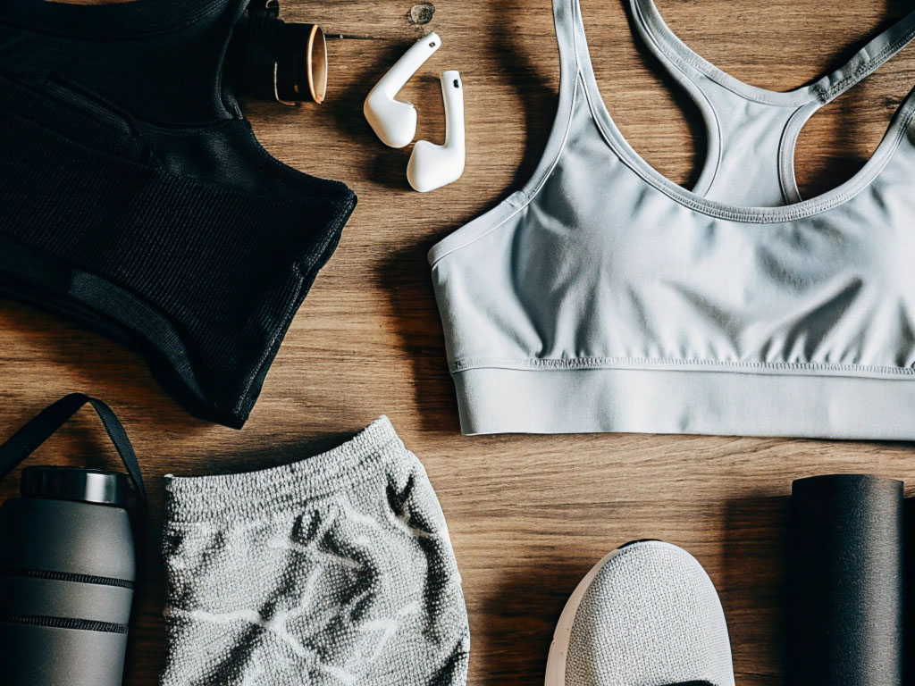 Flat lay of workout gear, including black and gray sports bras, shorts, earbuds, a water bottle, sneakers, and a yoga mat on a wooden surface.
