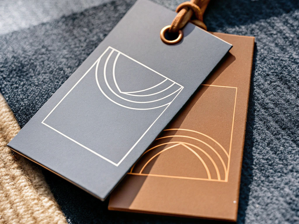 Two elegant product tags, one in dark gray with white geometric lines and the other in brown with copper accents, lying on textured fabric.