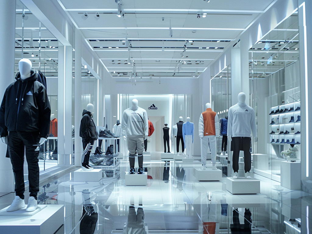 Sleek retail showroom featuring mannequins in athletic apparel, mirrored walls, and minimalist design.