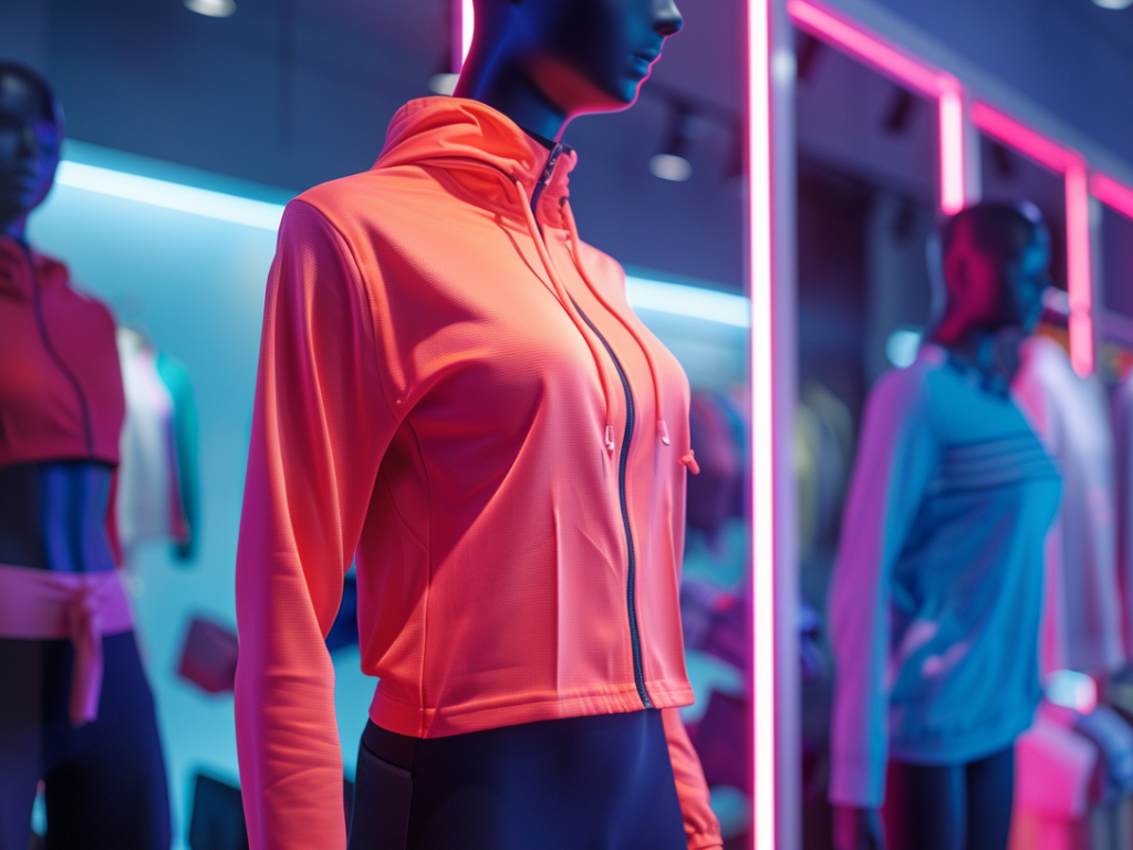 Mannequins in a store showcasing vibrant athletic wear under neon pink and blue lights.