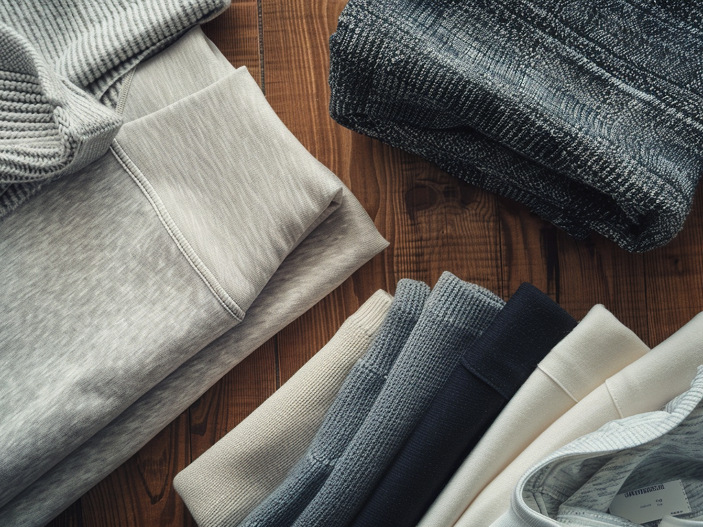 A collection of neatly folded neutral and gray fabrics on a wooden table, showcasing various textures and materials.