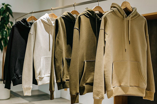 A selection of hoodies in black, white, and earthy tones neatly hung on wooden hangers in a bright retail space.