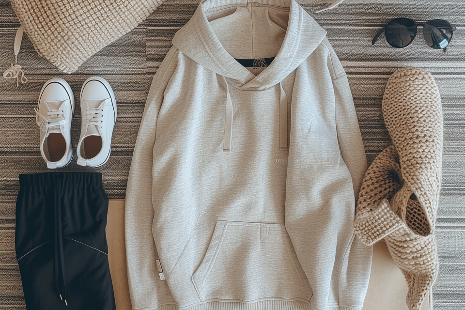 Beige hoodie, shoes, sunglasses, and knitted accessories on a textured background.