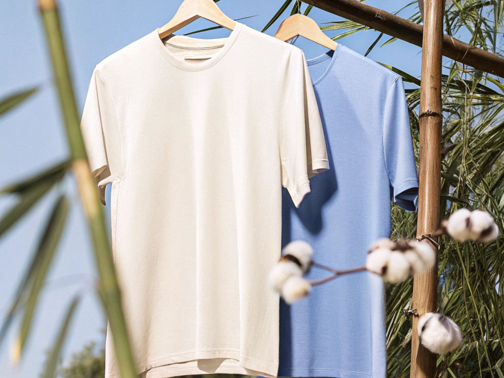 Two T-shirts in white and light blue hanging on a bamboo rod, surrounded by cotton plants under clear skies.
