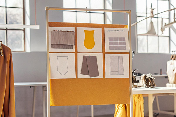 A fabric and design inspiration board featuring swatches and sketches in a brightly lit studio, with yellow textile draped on a mannequin nearby.