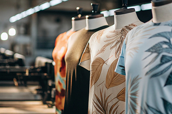 Row of mannequins wearing colorful and tropical-patterned shirts in a clothing production facility.