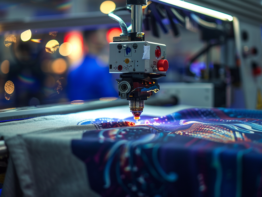 Row of colorful T-shirts on a screen printing production line with overhead heat lamps drying the designs.