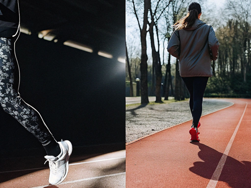 Two images of runners: one in patterned leggings indoors under dim lighting, and another in solid leggings outdoors on a sunny track.