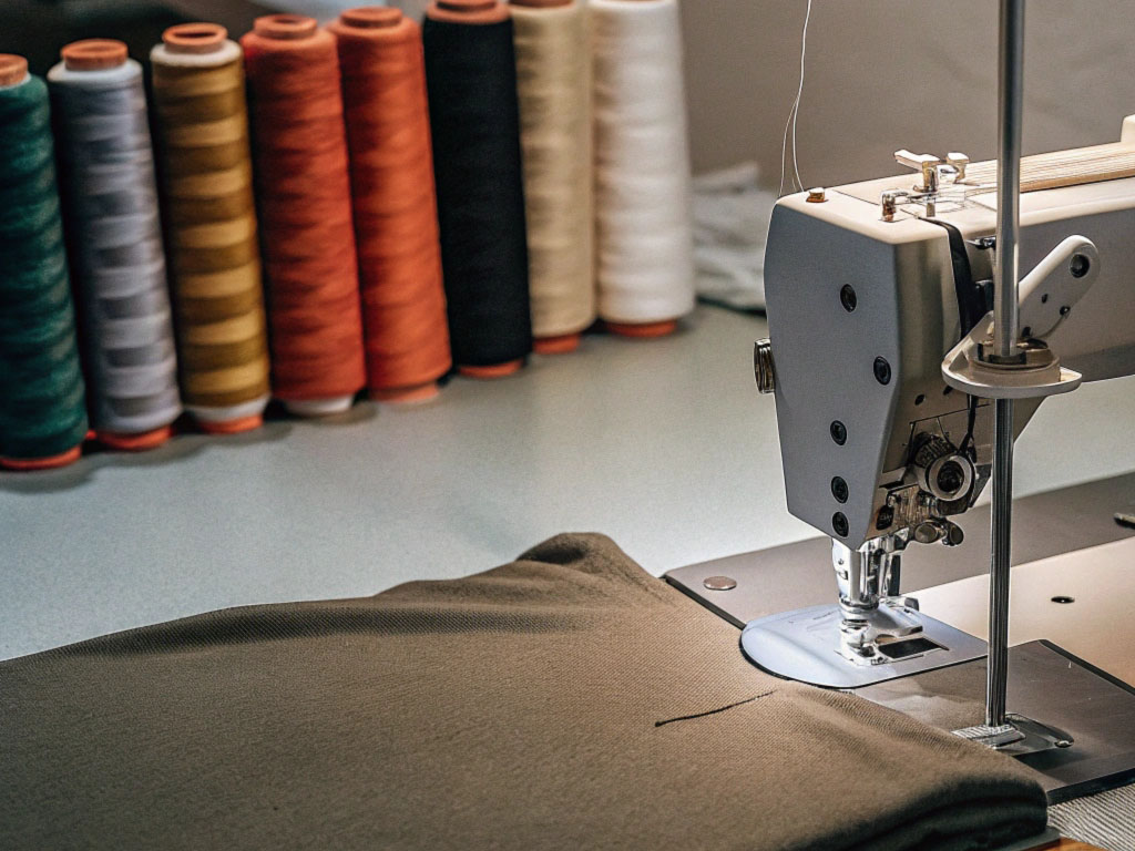 A sewing machine working on fabric with colorful spools of thread neatly arranged in the background on a workspace.