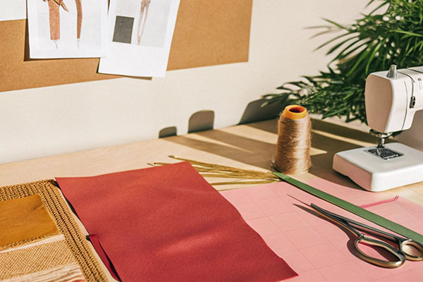 A sewing workspace with fabric swatches, scissors, a spool of thread, and a small sewing machine next to design sketches pinned on a corkboard.