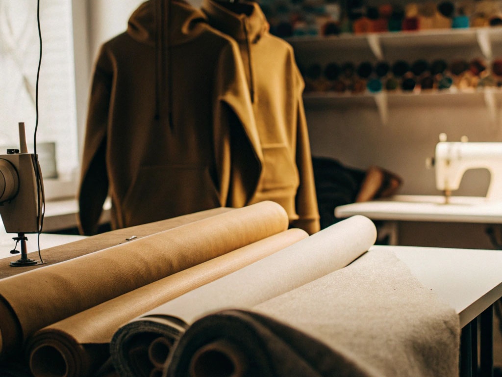 Fabric rolls on a sewing table with a mustard hoodie and sewing machines in the background.
