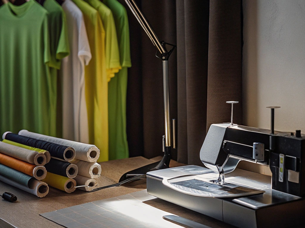 Modern sewing machine on a wooden table with fabric rolls, a desk lamp, and colorful green and yellow t-shirts hanging on racks in the background.