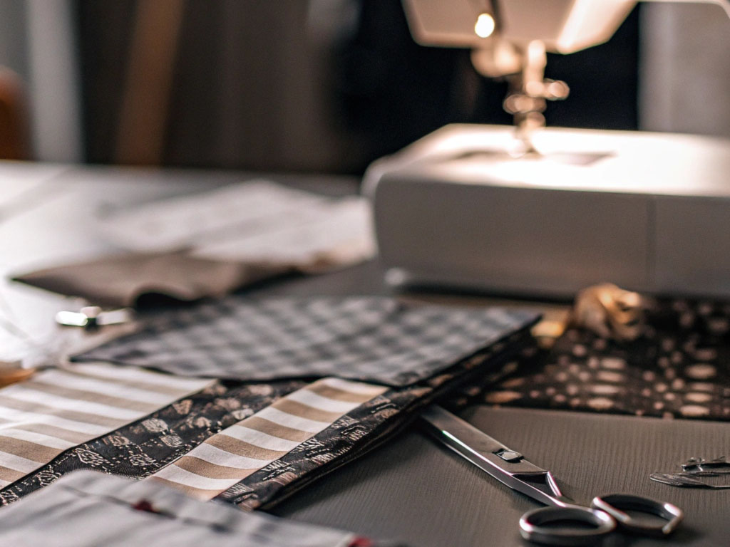 Sewing workspace with fabrics, scissors, and a sewing machine on a table, featuring striped and patterned cloth pieces.