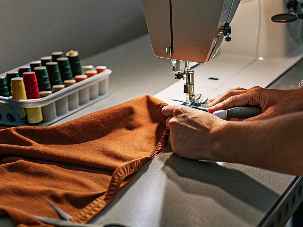 Close-up of hands sewing an orange fabric with a sewing machine, surrounded by colorful spools of thread and scissors on a work table.