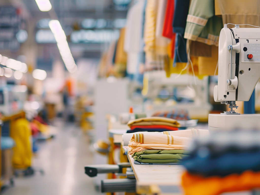 Industrial sewing machine with folded fabrics on a table in a brightly lit workshop.