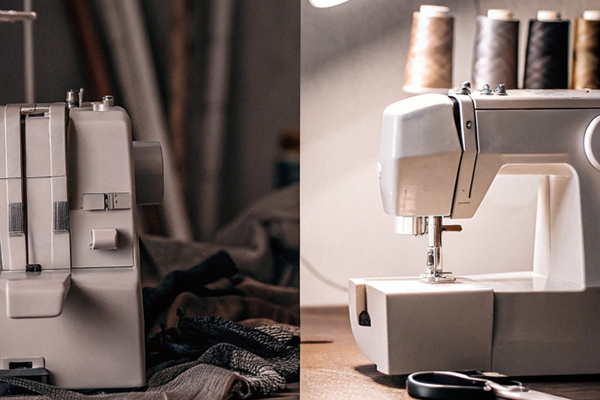 wo sewing machines with fabric, scissors, and thread spools in a well-lit crafting area.
