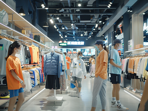 Customers browsing racks of casual wear in a modern, brightly lit retail clothing store.