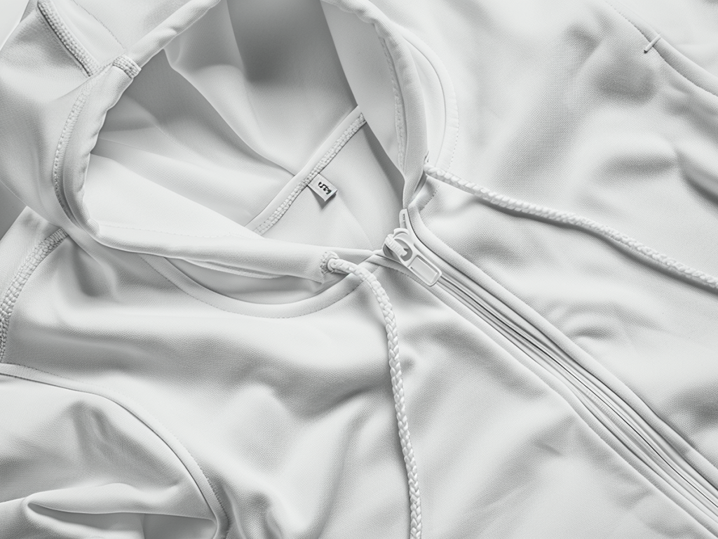 A white zip-up hoodie laid flat, highlighting its zipper and braided drawstrings.