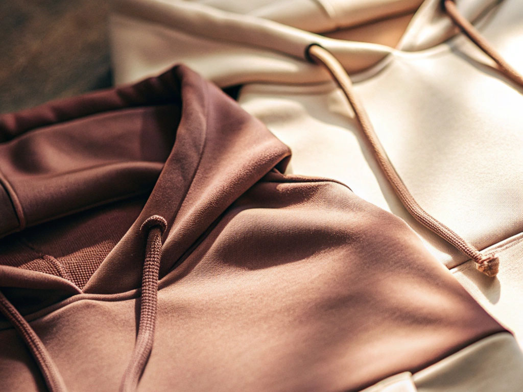 Close-up of two hooded sweatshirts in beige and brown tones, showcasing their soft fabric texture and drawstrings.