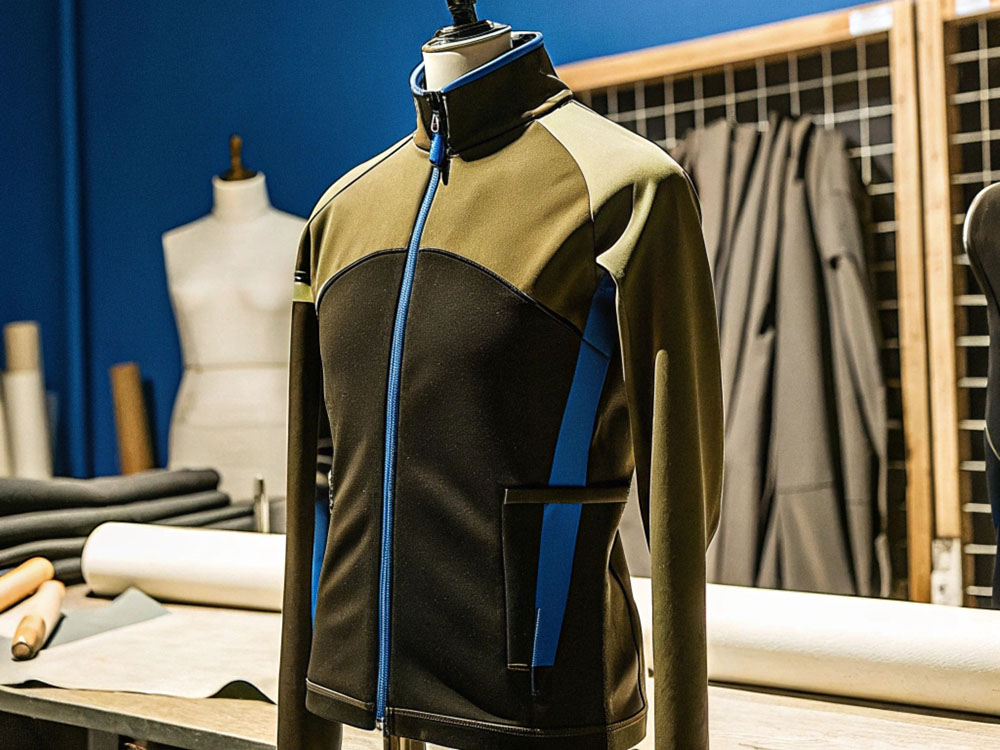 Mannequin showcasing a modern olive-green and black sports jacket with blue accents in a design studio.