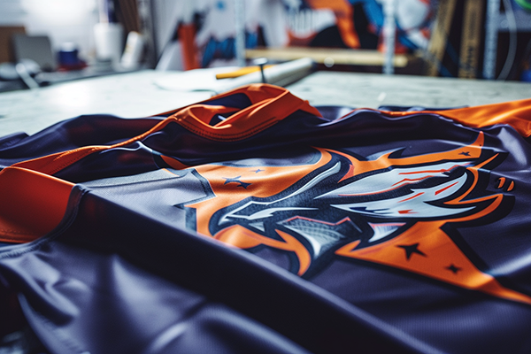 Close-up of a custom sports jersey with bold orange and black graphics featuring a dynamic eagle logo.