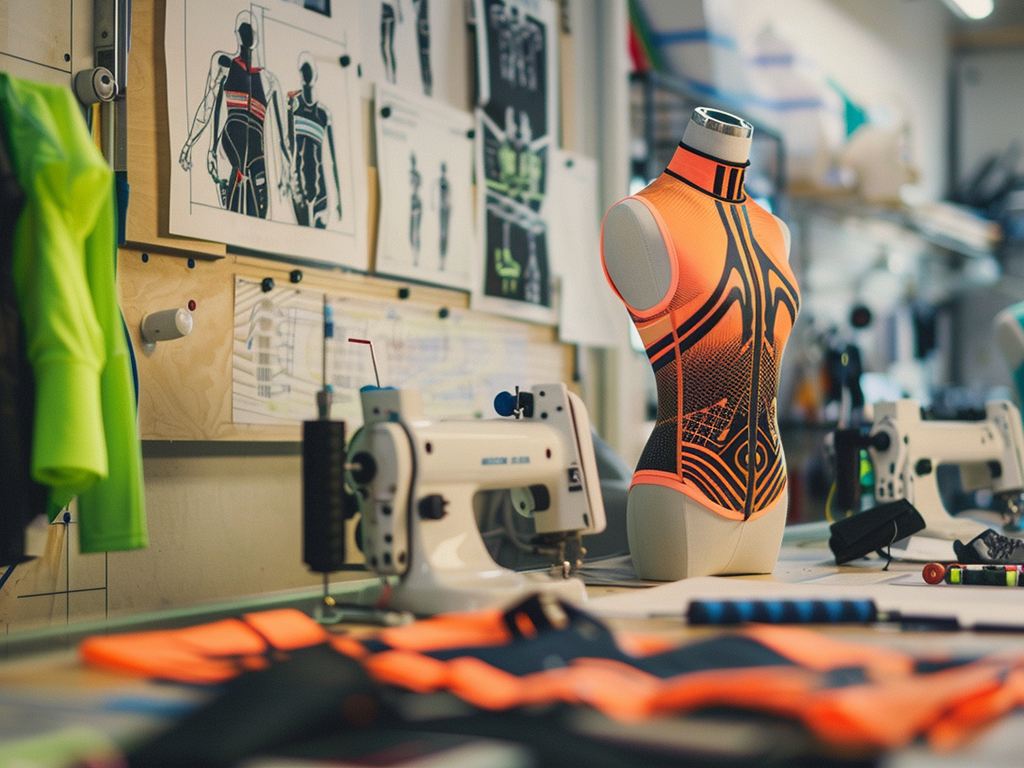 Mannequin displaying an orange and black patterned athletic garment, with sewing machines and design sketches in the background.