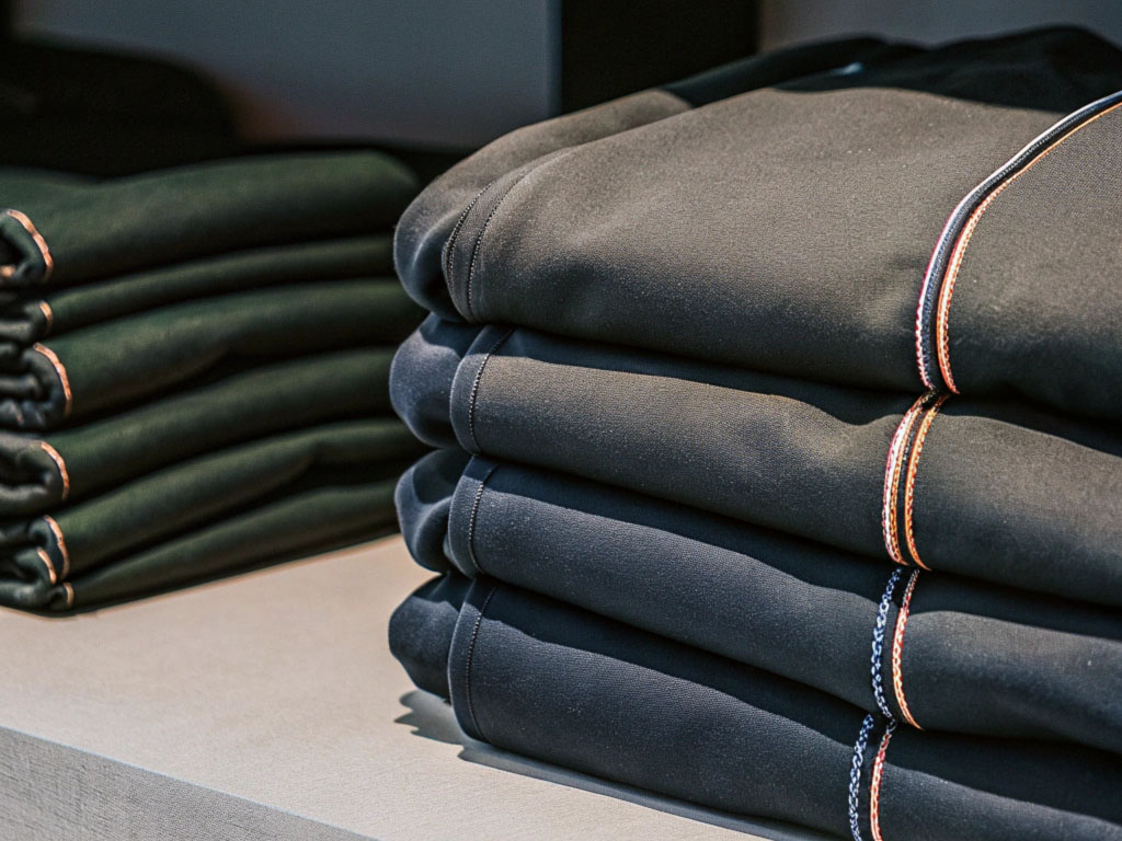 Neatly folded black hoodies with orange and white stitching detail displayed on a shelf.