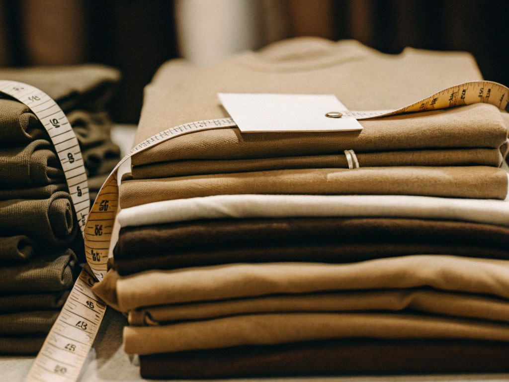 Neatly stacked brown and beige fabrics with a measuring tape and blank tag on top, set on a table.