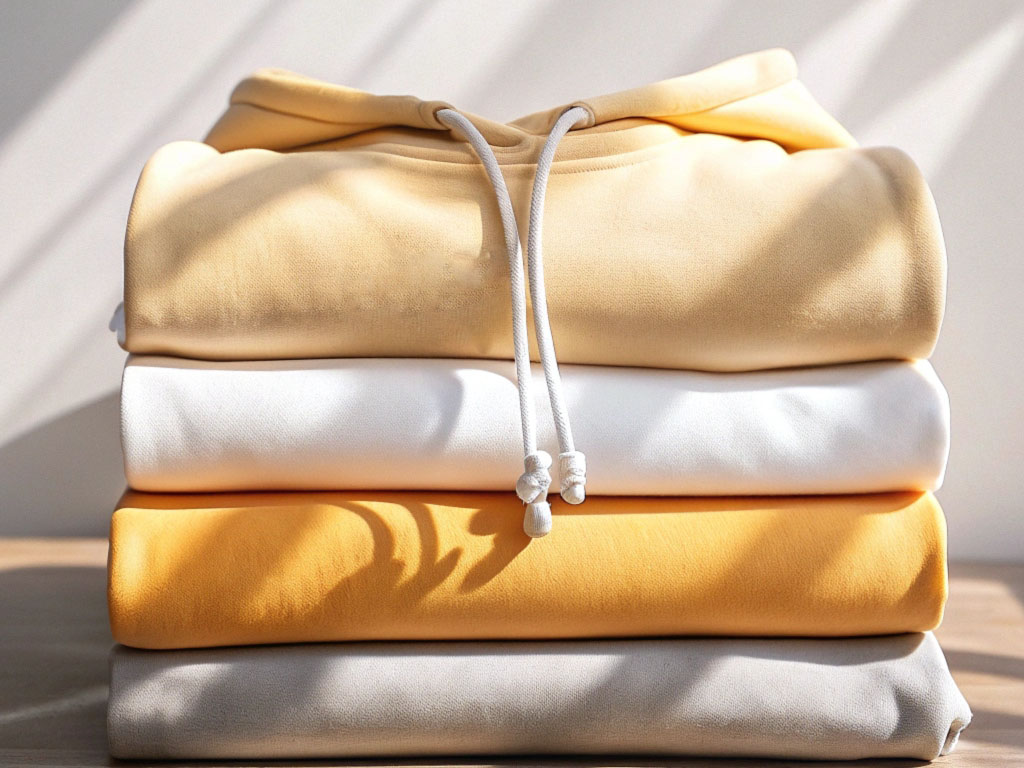 Folded pastel hoodies in shades of yellow, white, and beige stacked neatly with sunlight streaming in.