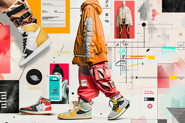 A creative collage showcasing streetwear elements, including sneakers, vibrant cargo pants, and a stylish orange jacket.