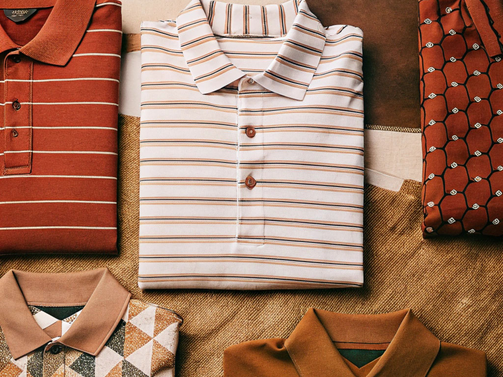 A selection of polo shirts with striped and geometric patterns in earthy tones, arranged on textured surfaces.