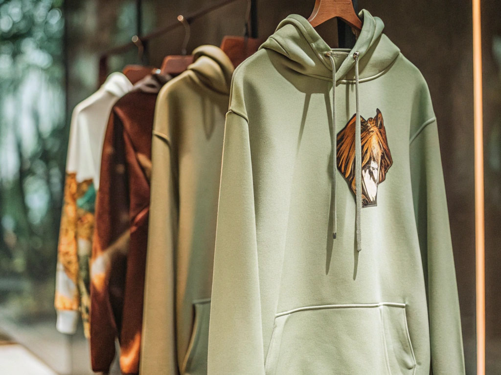 A row of hoodies on hangers, featuring a green hoodie with an embroidered lion design in the foreground.