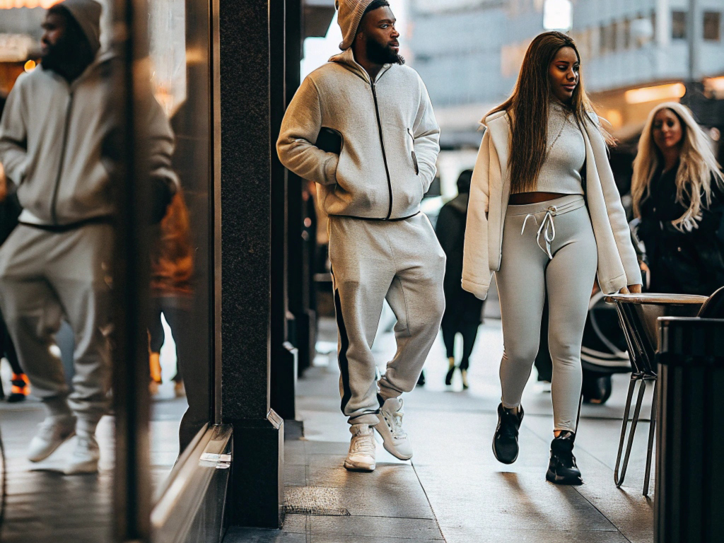 A fashionable couple wearing matching light gray streetwear outfits walking in a bustling urban setting.