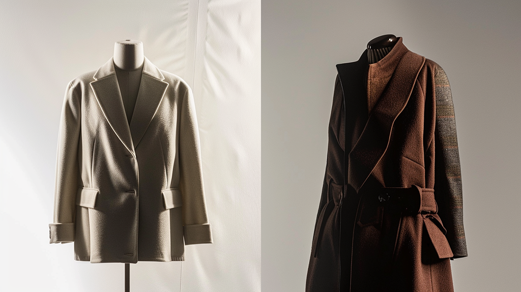 Two elegant coats on mannequins, one beige and one brown with intricate details, displayed in soft lighting.