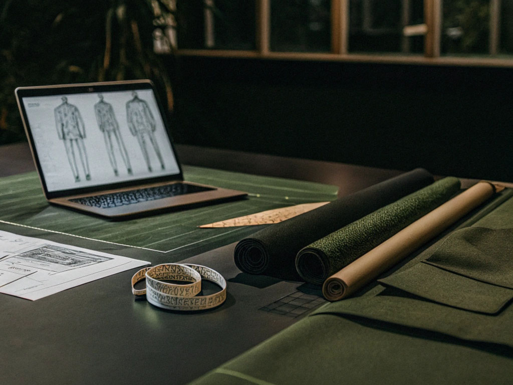 A workspace with fabric rolls, a laptop showing clothing sketches, a measuring tape, and pattern drafts under soft indoor lighting.
